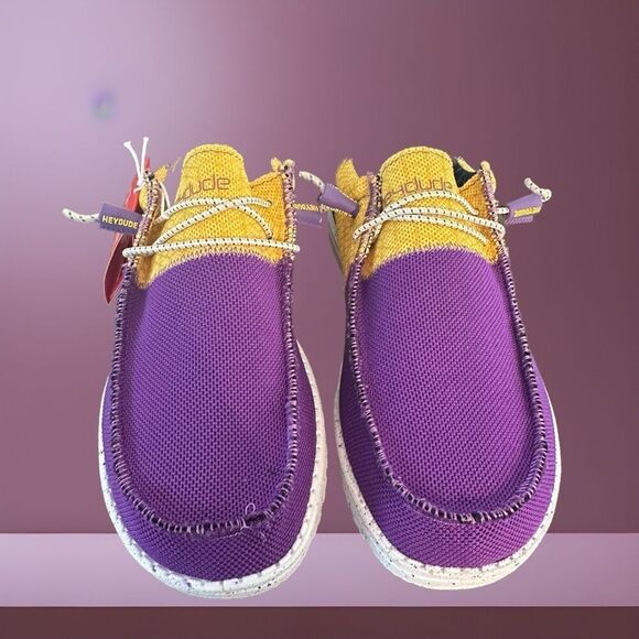 Hey Dude Wally Sox Tri Men’s Size 8 Loafer Fans LA Purple Gold Slip on 112566021 - Picture 2 of 10